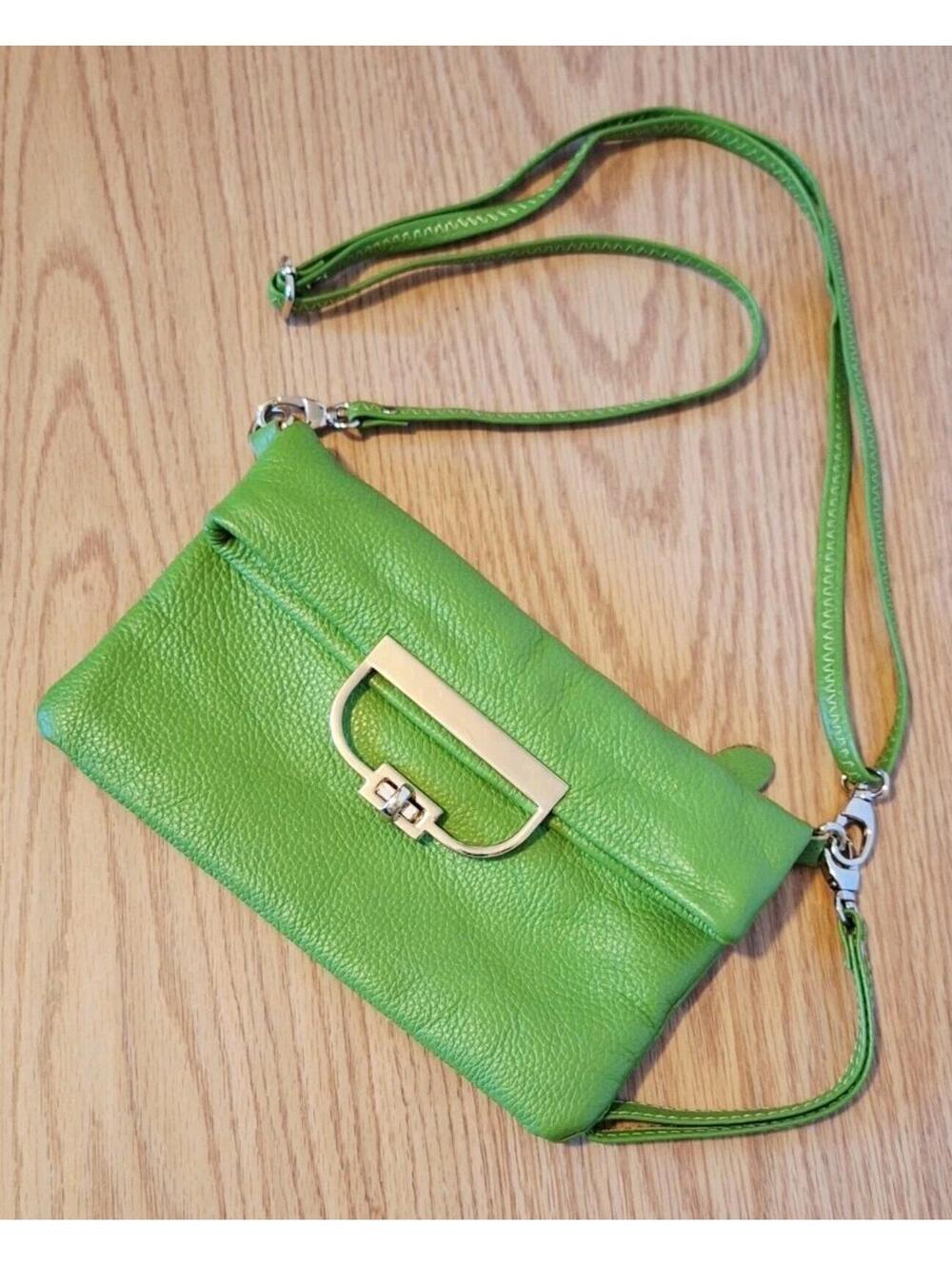 SONDRA ROBERTS Green Pebble Leather Foldover Crossbody Bag Wristlet Clutch EUC